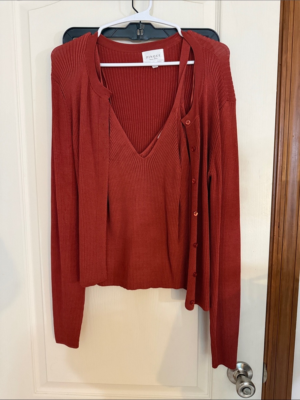 Pinque Two-Piece Ribbed V-Neck Tank & Cardigan - Rust